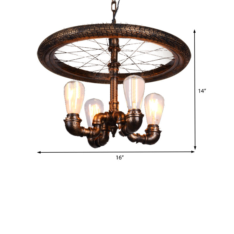 Wagon Wheel Metal Light Chandelier Retro Rustic 4-Light Dining Room Pendant Lighting in Bronze Clearhalo 'Cast Iron' 'Ceiling Lights' 'Chandeliers' 'Industrial Chandeliers' 'Industrial' 'Metal' 'Middle Century Chandeliers' 'Rustic Chandeliers' 'Tiffany' Lighting' 513330