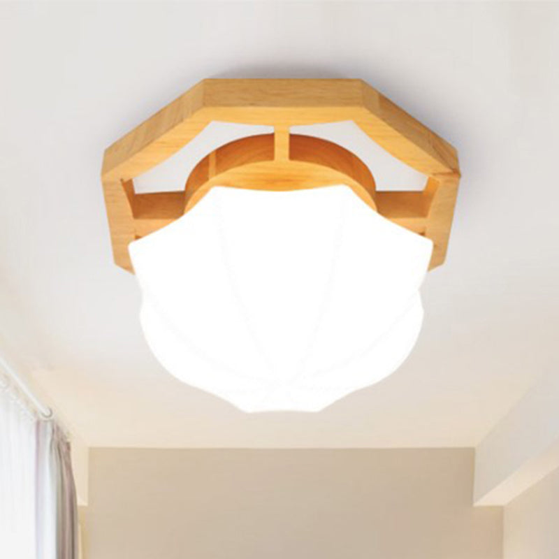 Umbrella Flush Mount Modernism Milk Glass Beige LED Flush Mount Lamp with Wood Canopy, 10