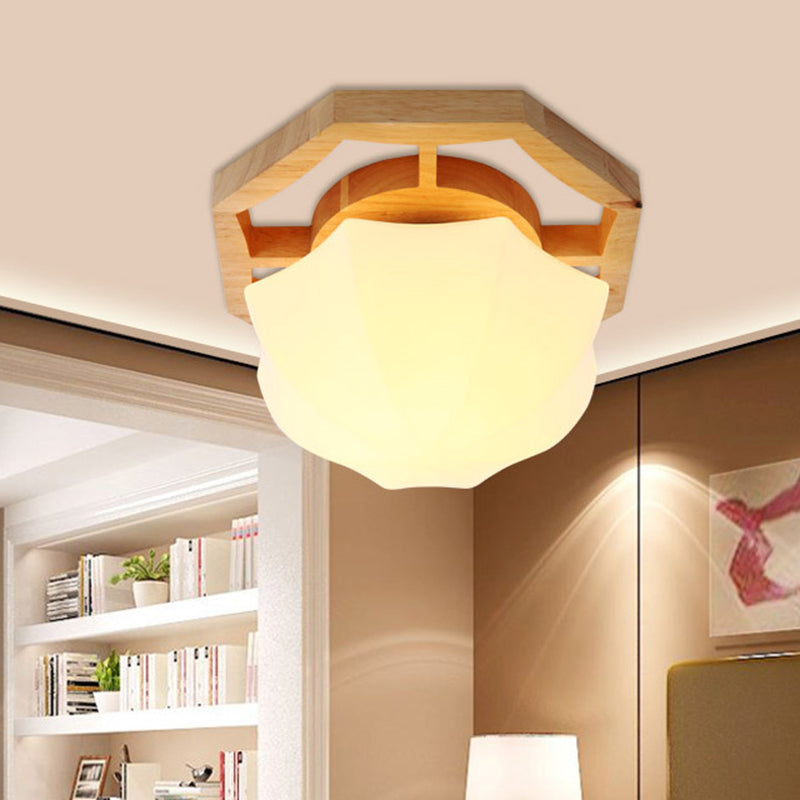 Umbrella Flush Mount Modernism Milk Glass Beige LED Flush Mount Lamp with Wood Canopy, 10