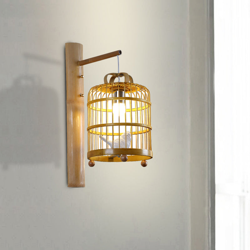 Wood Cage Sconce Lamp Asian 1 Bulb Bamboo Wall Mount Light Fixture with White Bird Deco Clearhalo 'Modern wall lights' 'Modern' 'Wall Lamps & Sconces' 'Wall Lights' Lighting' 513399