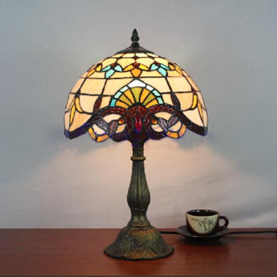 Victorian Tiffany Desk Light Domed Shade 1 Head Stained Glass Reading Light in Gold/Brown for Bedroom Brown Clearhalo 'Lamps' 'Table Lamps' Lighting' 51814