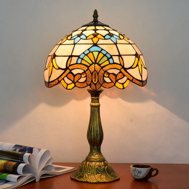 Victorian Tiffany Desk Light Domed Shade 1 Head Stained Glass Reading Light in Gold/Brown for Bedroom Gold Clearhalo 'Lamps' 'Table Lamps' Lighting' 51817