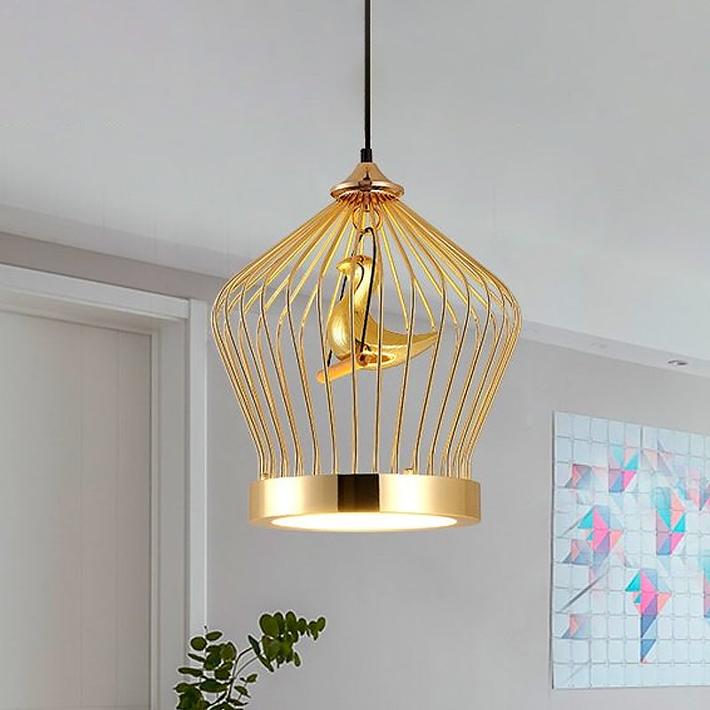 Gold Crown Cage Hanging Lighting Simple 1-Light Metal Ceiling Pendant Lamp with Bird Deco Gold Clearhalo 'Ceiling Lights' 'Modern Pendants' 'Modern' 'Pendant Lights' 'Pendants' Lighting' 518832