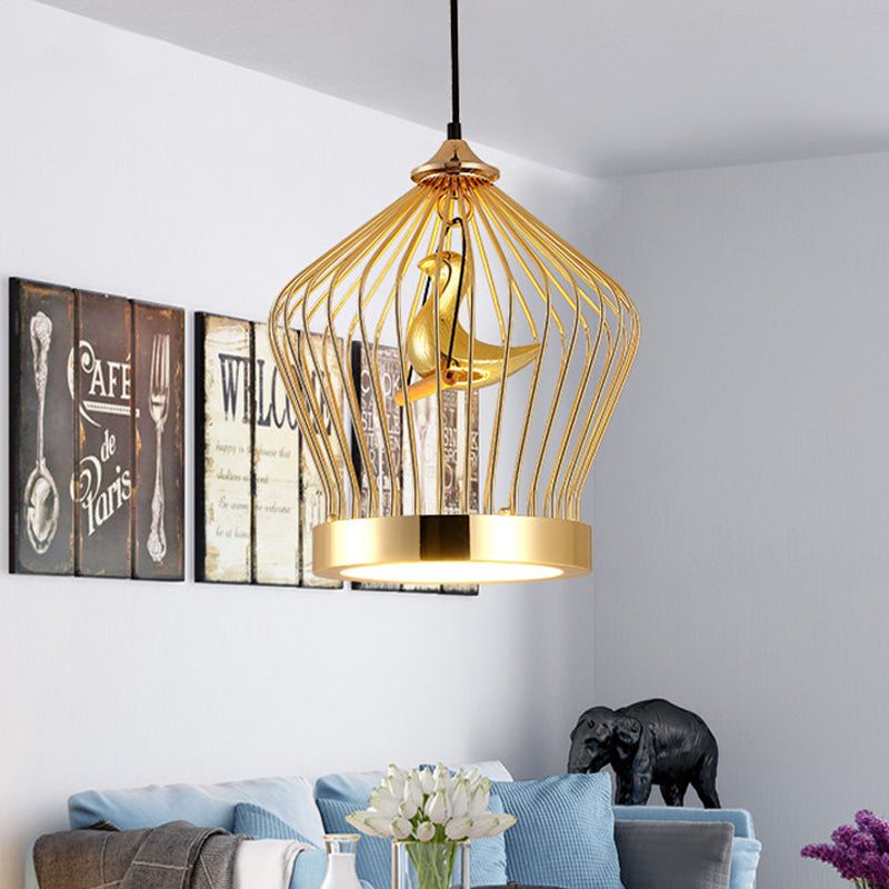 Gold Crown Cage Hanging Lighting Simple 1-Light Metal Ceiling Pendant Lamp with Bird Deco Clearhalo 'Ceiling Lights' 'Modern Pendants' 'Modern' 'Pendant Lights' 'Pendants' Lighting' 518833