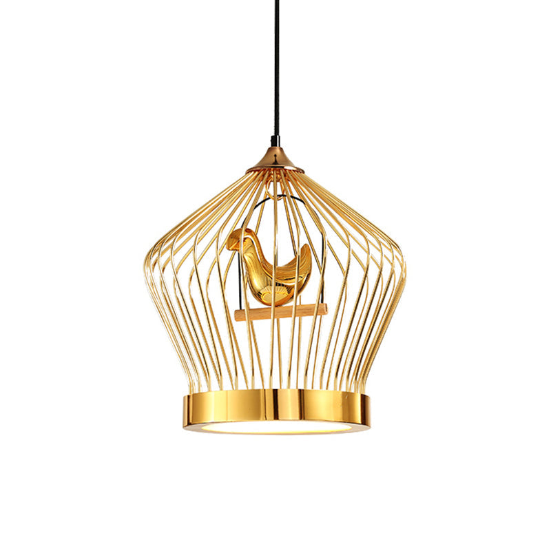 Gold Crown Cage Hanging Lighting Simple 1-Light Metal Ceiling Pendant Lamp with Bird Deco Clearhalo 'Ceiling Lights' 'Modern Pendants' 'Modern' 'Pendant Lights' 'Pendants' Lighting' 518834