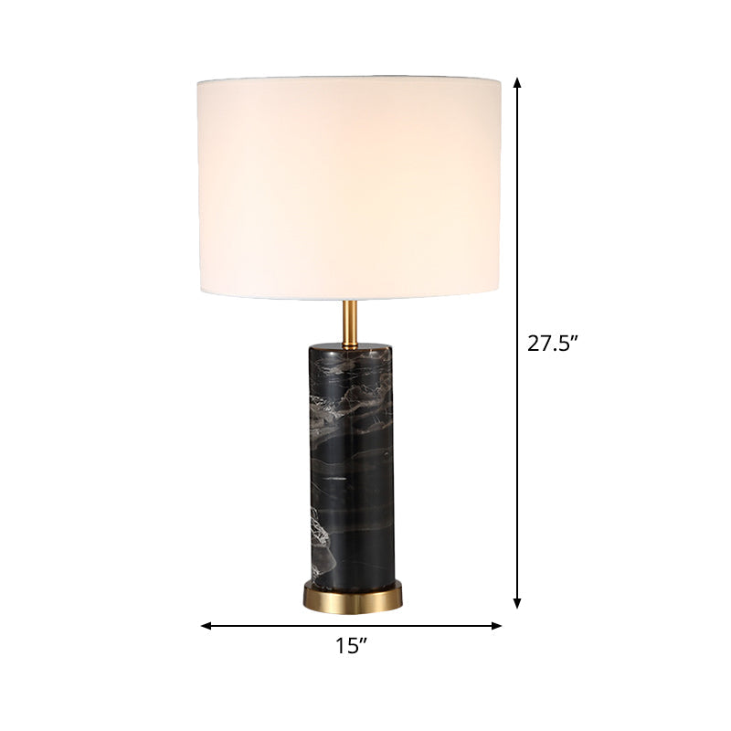 White Cylinder Task Light Nordic 1 Bulb Fabric Night Table Lamp with Black Marble Base Clearhalo 'Lamps' 'Table Lamps' Lighting' 518977