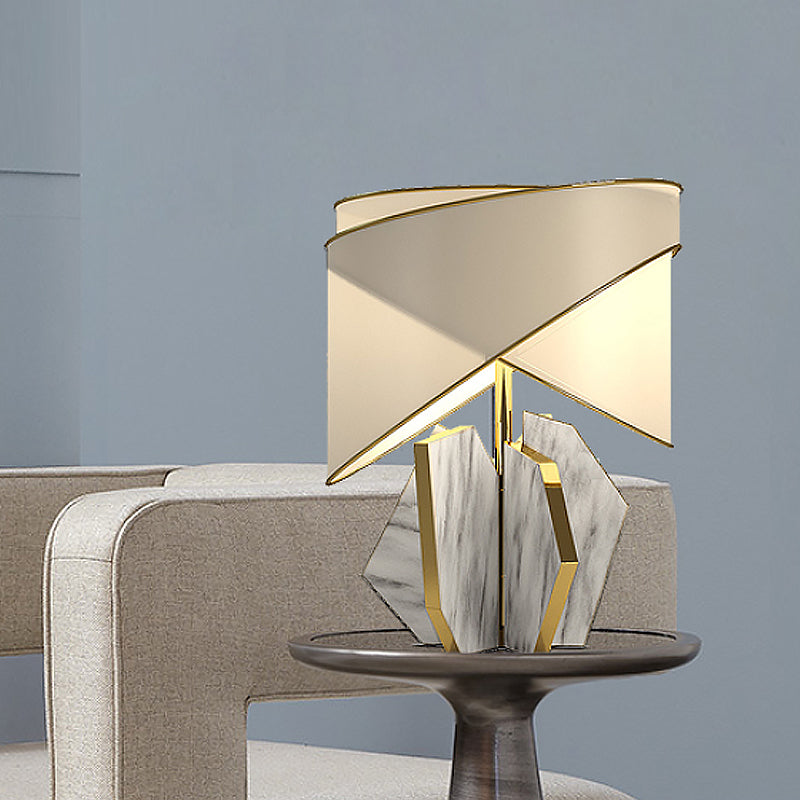 Fabric Shaded Table Lamp Modernist 1 Bulb Gold Desk Light with Gray Geometric Marble Base Gold Clearhalo 'Lamps' 'Table Lamps' Lighting' 519063