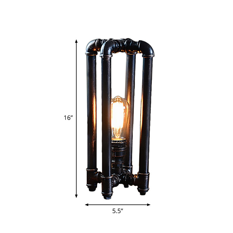 Iron Black Plug In Table Light Piping 1 Light Rustic Nightstand Lamp with Rectangle Cage Design Clearhalo 'Lamps' 'Table Lamps' Lighting' 519147