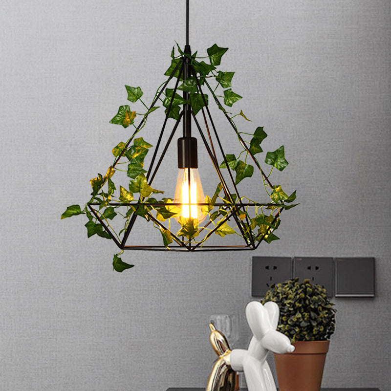 1 Head Metal Ceiling Light Antique Black Diamond Restaurant LED Down Lighting Pendant with Plant, 10