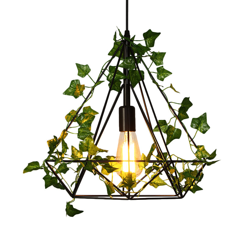 1 Head Metal Ceiling Light Antique Black Diamond Restaurant LED Down Lighting Pendant with Plant, 10