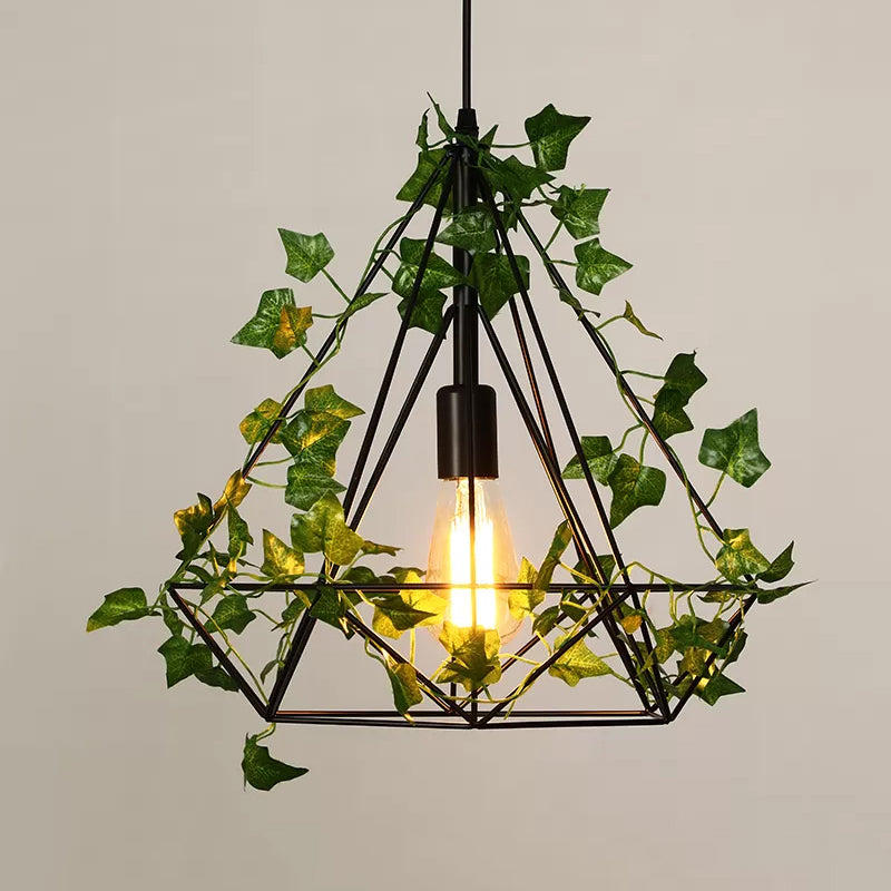 1 Head Metal Ceiling Light Antique Black Diamond Restaurant LED Down Lighting Pendant with Plant, 10