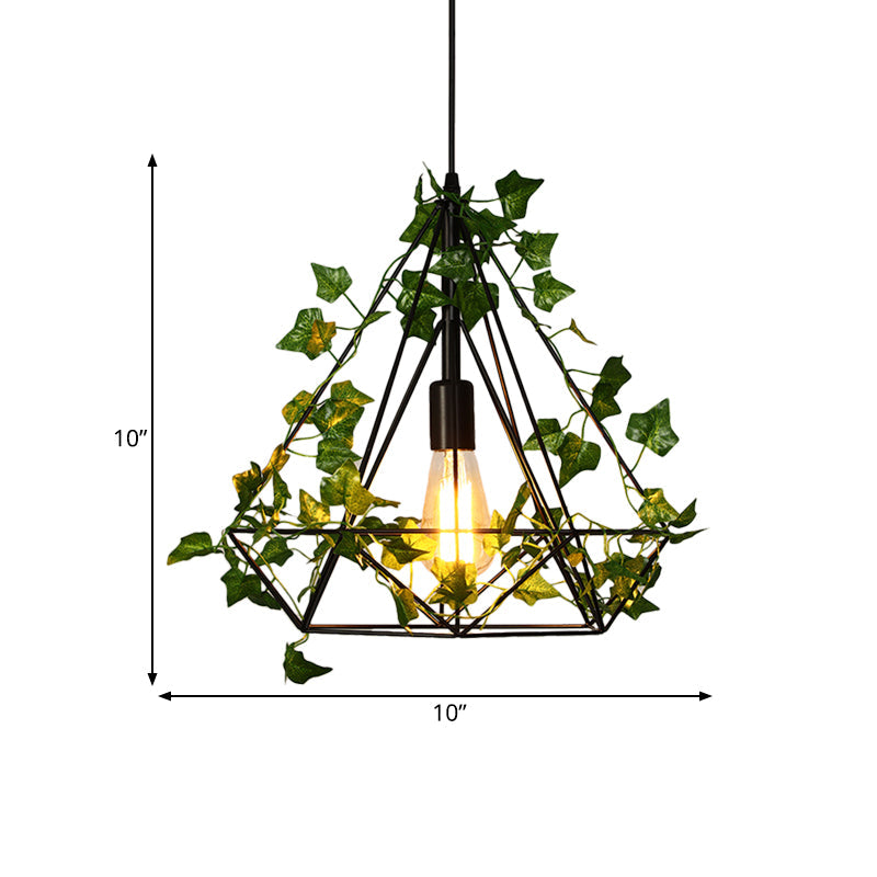 1 Head Metal Ceiling Light Antique Black Diamond Restaurant LED Down Lighting Pendant with Plant, 10