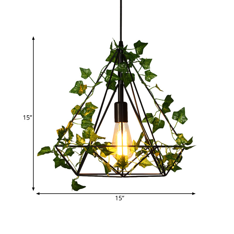 1 Head Metal Ceiling Light Antique Black Diamond Restaurant LED Down Lighting Pendant with Plant, 10