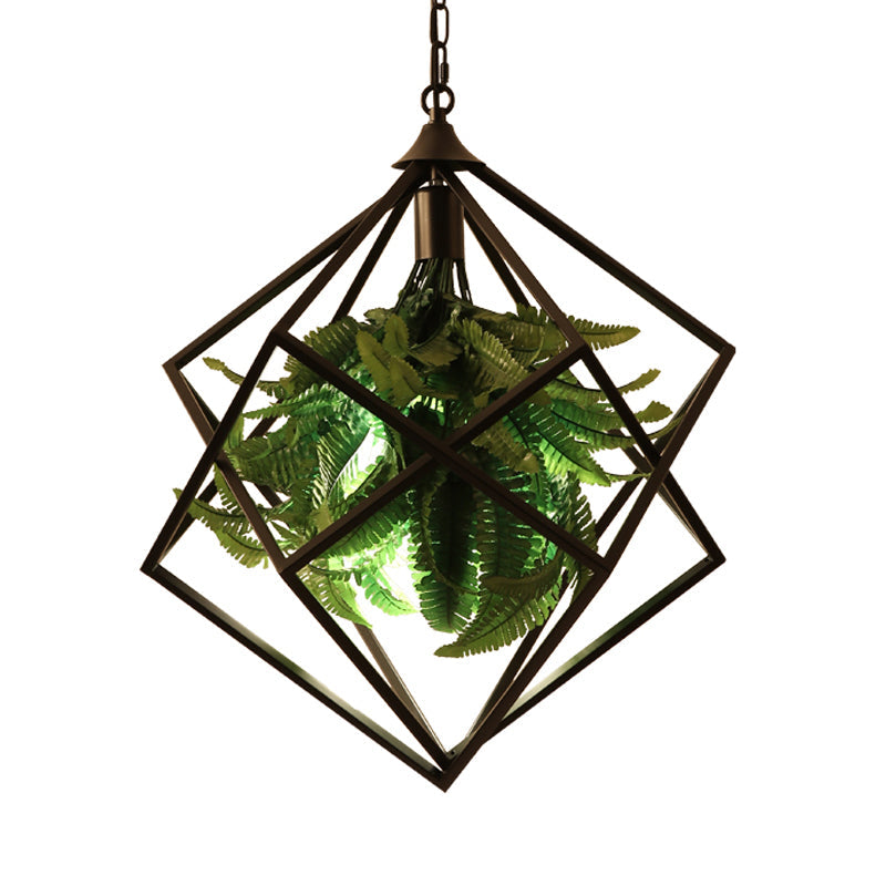 Metal Geometric Hanging Ceiling Light Retro 1 Bulb Restaurant LED Suspension Lamp in Black with Plant, 18