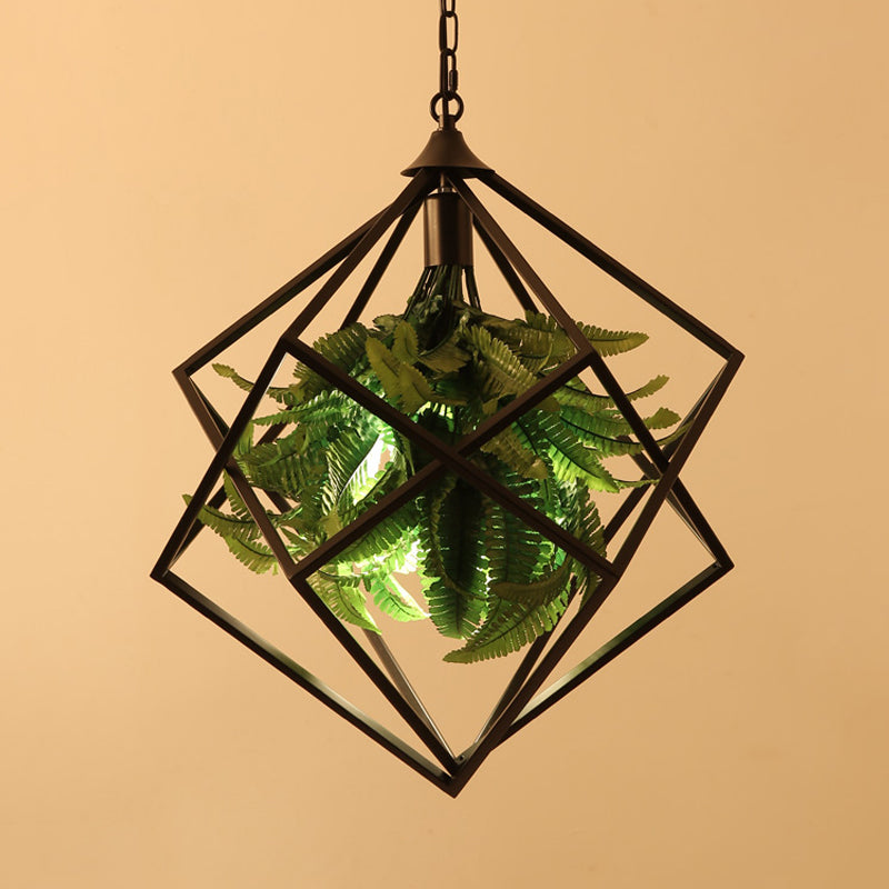 Metal Geometric Hanging Ceiling Light Retro 1 Bulb Restaurant LED Suspension Lamp in Black with Plant, 18