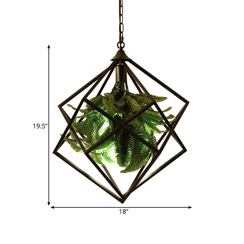 Metal Geometric Hanging Ceiling Light Retro 1 Bulb Restaurant LED Suspension Lamp in Black with Plant, 18