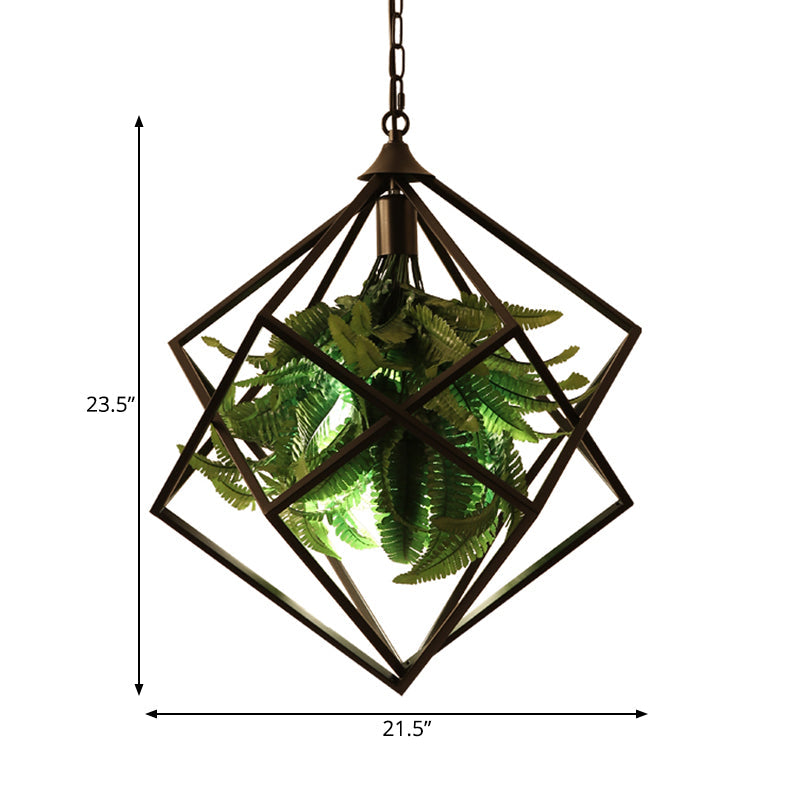 Metal Geometric Hanging Ceiling Light Retro 1 Bulb Restaurant LED Suspension Lamp in Black with Plant, 18