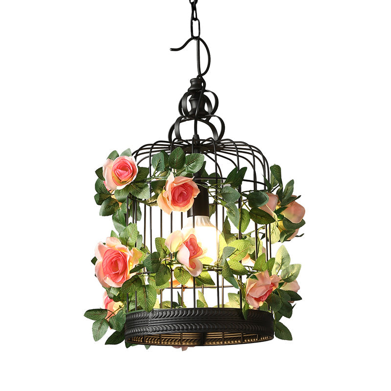 Black 1 Bulb Ceiling Light Industrial Metal Birdcage LED Pendant Lamp with Flower Decoration Clearhalo 'Art Deco Pendants' 'Black' 'Cast Iron' 'Ceiling Lights' 'Ceramic' 'Crystal' 'Industrial Pendants' 'Industrial' 'Metal' 'Middle Century Pendants' 'Pendant Lights' 'Pendants' 'Rustic Pendants' 'Tiffany' Lighting' 519340