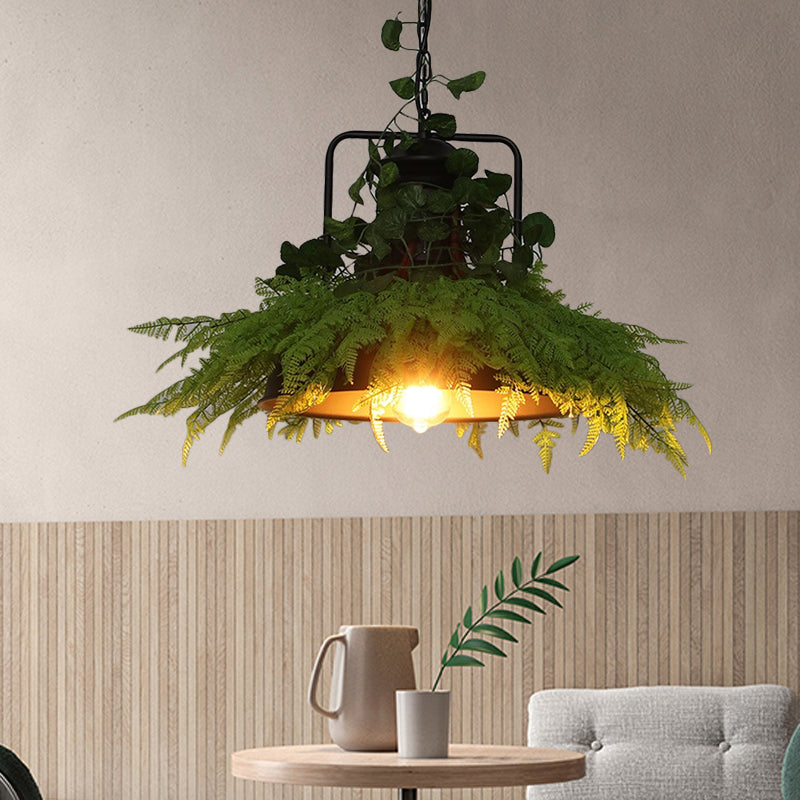 Black Barn Pendant Light Retro Metal 1 Head Restaurant LED Ceiling Lamp with Plant, 14