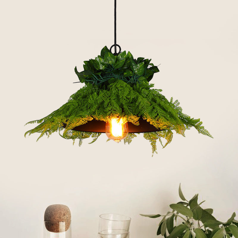 Black Barn Pendant Light Retro Metal 1 Head Restaurant LED Ceiling Lamp with Plant, 14