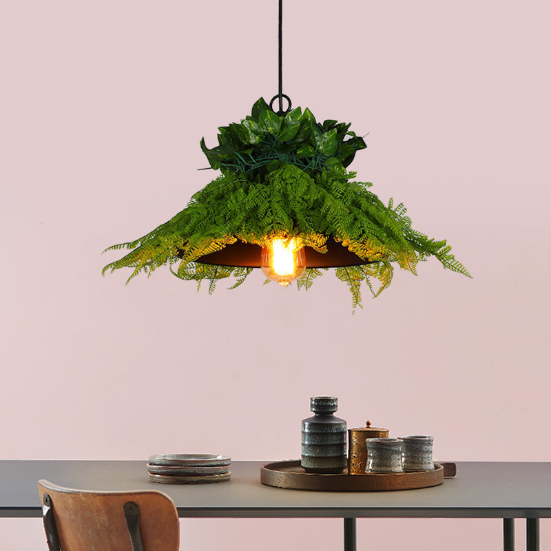 Black Barn Pendant Light Retro Metal 1 Head Restaurant LED Ceiling Lamp with Plant, 14