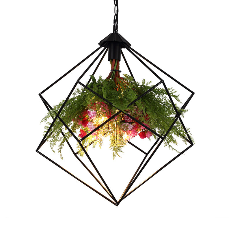 Industrial Geometric Plant Hanging Light 1 Bulb Metal LED Ceiling Suspension Lamp in Black, 16