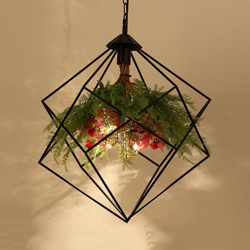 Industrial Geometric Plant Hanging Light 1 Bulb Metal LED Ceiling Suspension Lamp in Black, 16