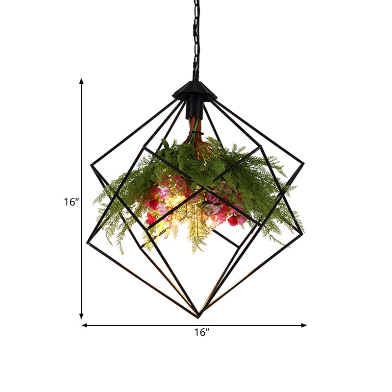 Industrial Geometric Plant Hanging Light 1 Bulb Metal LED Ceiling Suspension Lamp in Black, 16