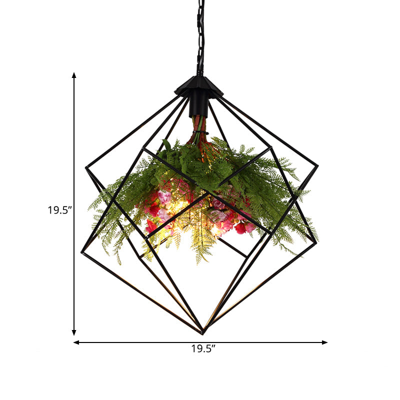 Industrial Geometric Plant Hanging Light 1 Bulb Metal LED Ceiling Suspension Lamp in Black, 16