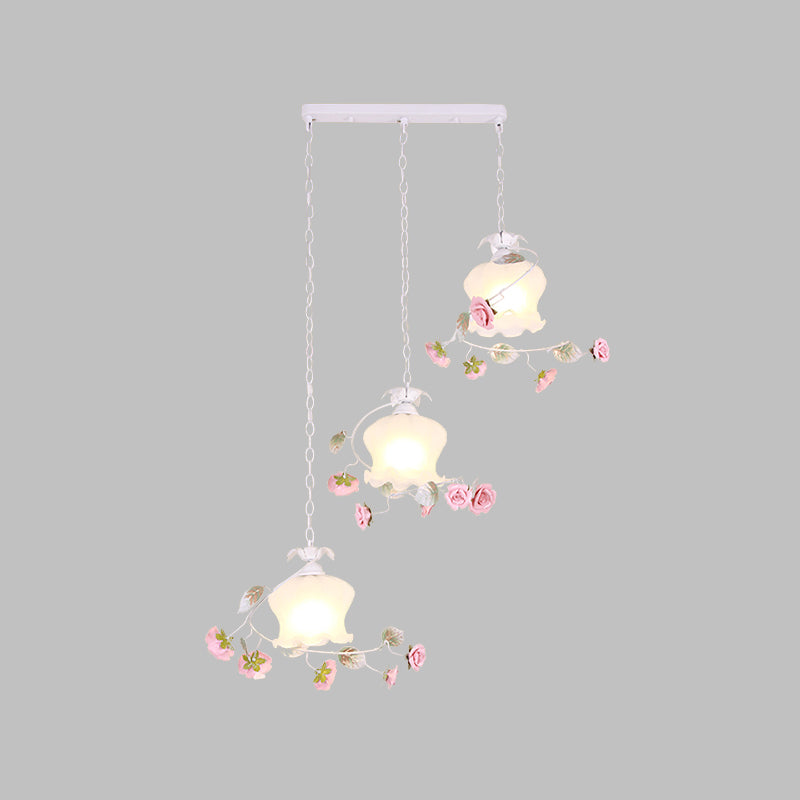 3 Lights Scalloped Cluster Pendant Pastoral White Metal Flower Hanging Light for Dining Room Clearhalo 'Ceiling Lights' 'Pendant Lights' 'Pendants' Lighting' 519619