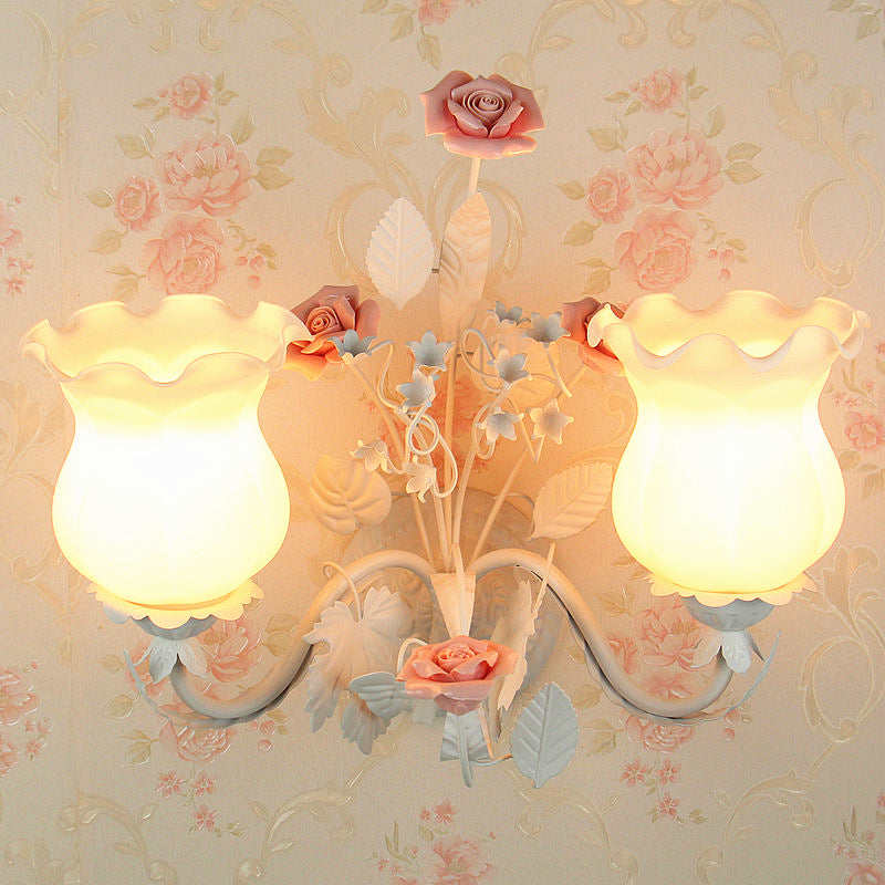 Curvy Arm Bedroom Sconce Light Pastoral Metal 2 Heads Yellow/Pink/Blue Flower Wall Lighting Fixture Clearhalo 'Wall Lamps & Sconces' 'Wall Lights' Lighting' 519622