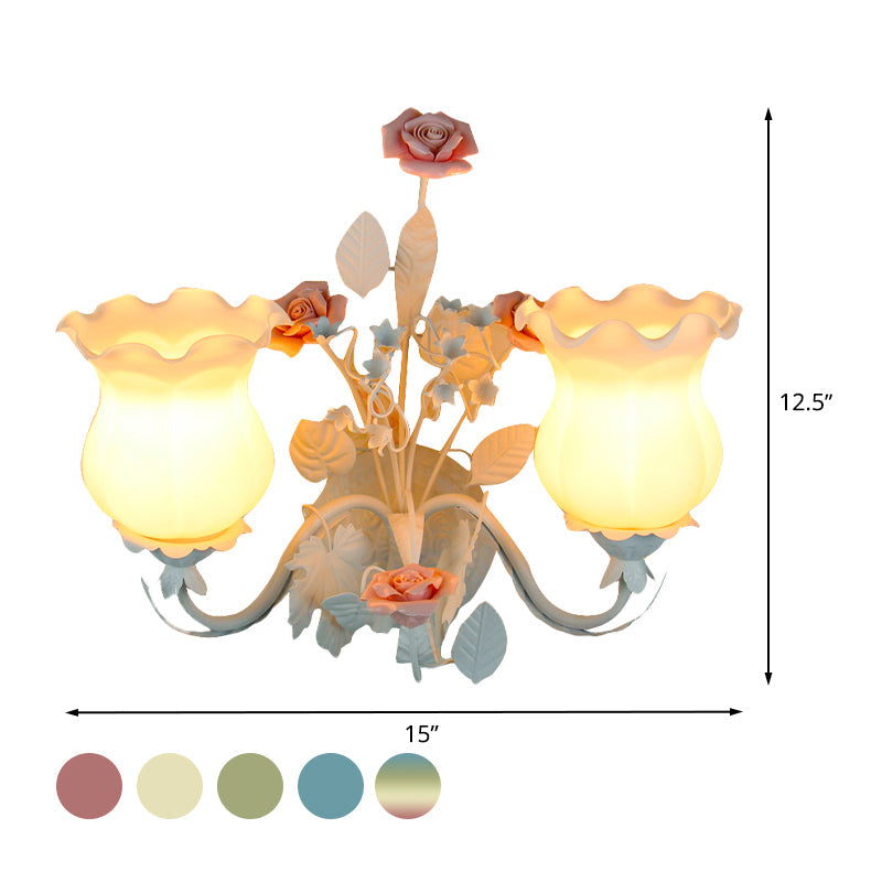 Curvy Arm Bedroom Sconce Light Pastoral Metal 2 Heads Yellow/Pink/Blue Flower Wall Lighting Fixture Clearhalo 'Wall Lamps & Sconces' 'Wall Lights' Lighting' 519625