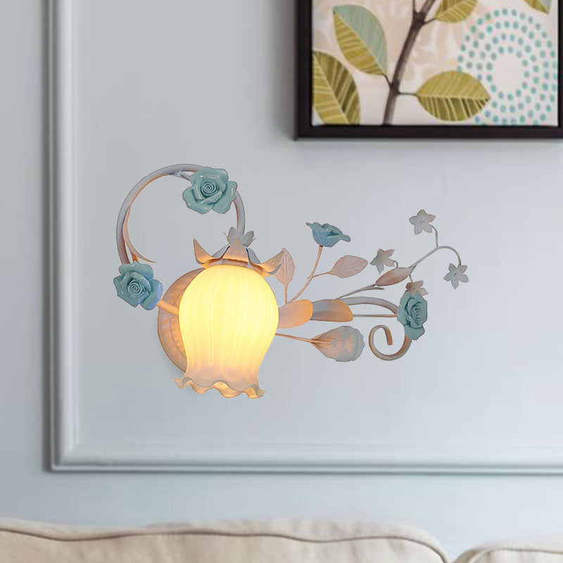 Metal Floral Wall Lamp Sconce Pastoral 1-Light Living Room Wall Light Fixture in Yellow/Pink/Blue Clearhalo 'Wall Lamps & Sconces' 'Wall Lights' Lighting' 519644