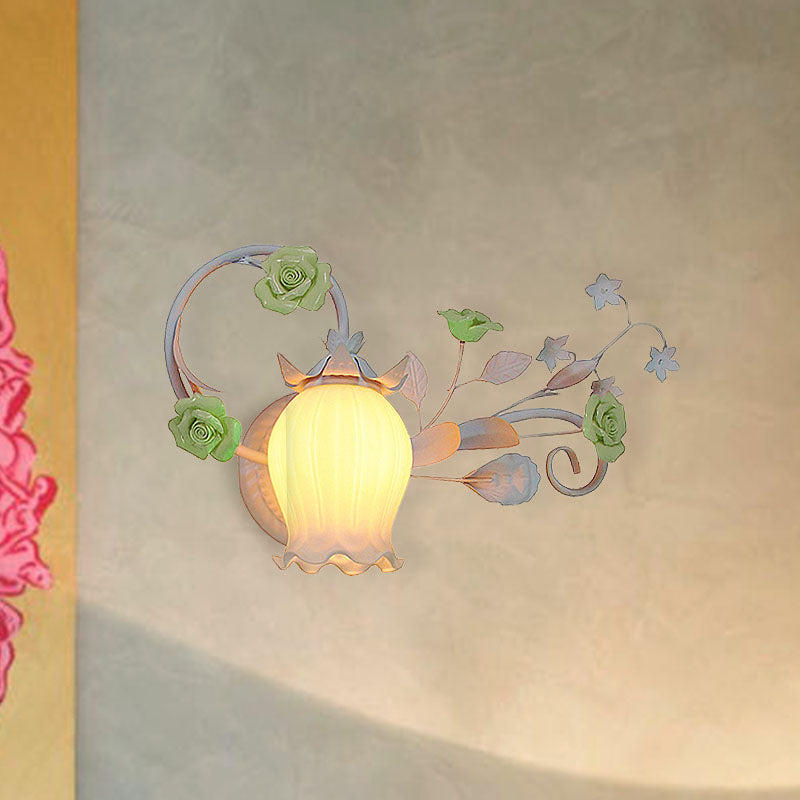 Pastoral Floral Wall Mount Lamp 1 Head Metal Wall Sconce Light in Yellow/Pink/Blue for Bedroom Clearhalo 'Wall Lamps & Sconces' 'Wall Lights' Lighting' 519661