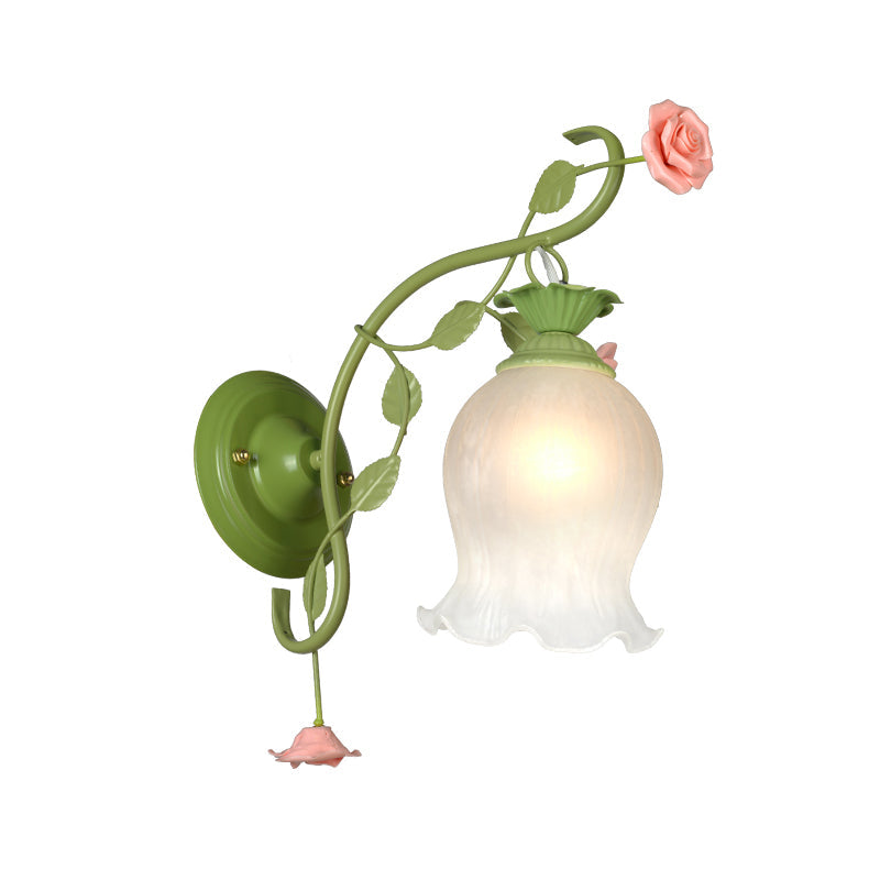 Countryside Rose Wall Mount Lamp 1 Head Metal Wall Sconce Lighting in White/Green for Bedroom Clearhalo 'Wall Lamps & Sconces' 'Wall Lights' Lighting' 519668