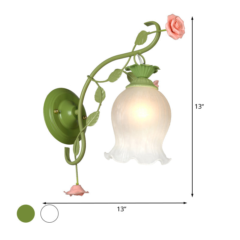 Countryside Rose Wall Mount Lamp 1 Head Metal Wall Sconce Lighting in White/Green for Bedroom Clearhalo 'Wall Lamps & Sconces' 'Wall Lights' Lighting' 519670