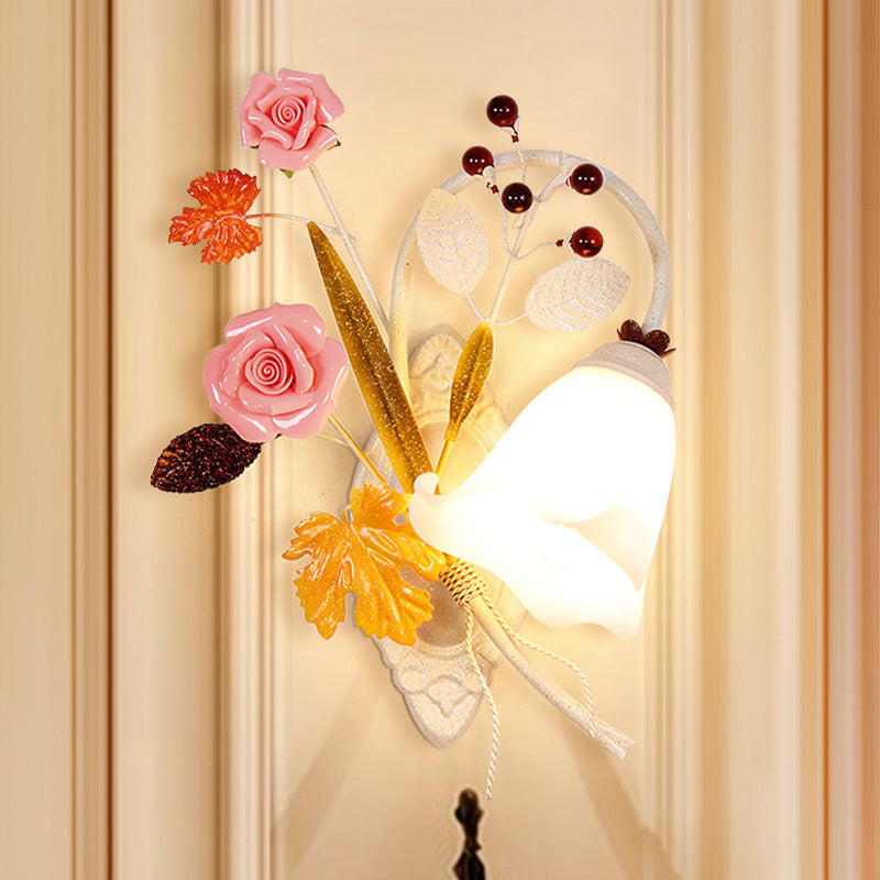 White 1 Head Wall Sconce Country Style Metal Blossom Wall Mounted Lamp for Bedroom, Left/Right Clearhalo 'Wall Lamps & Sconces' 'Wall Lights' Lighting' 519761