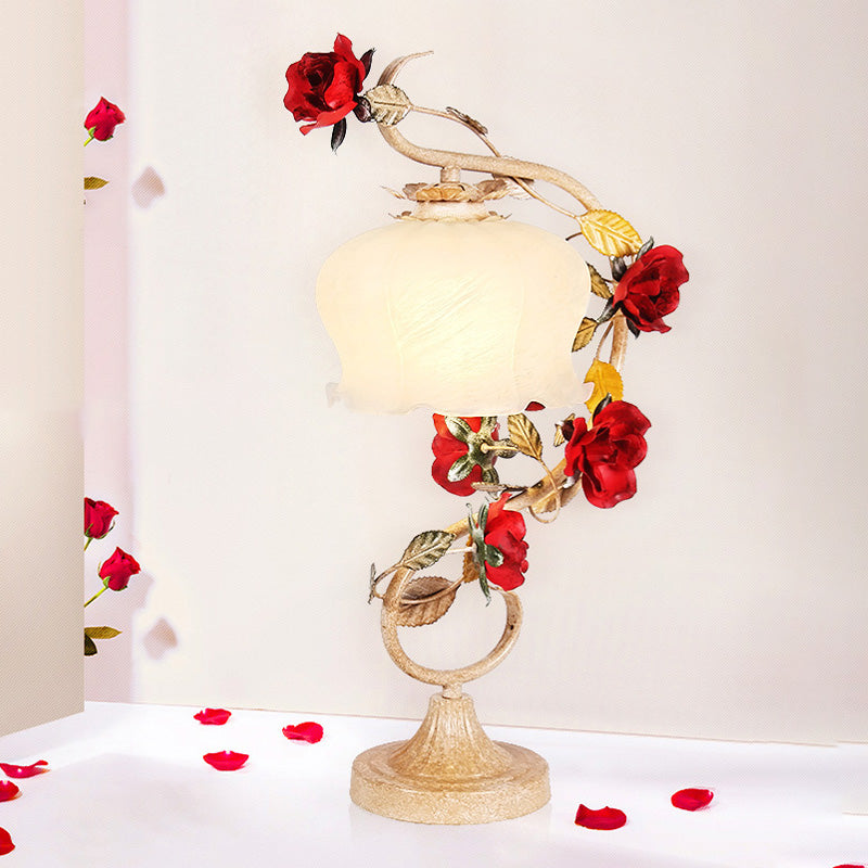 Coffee 1 Head Night Light Romantic Pastoral Metal Scalloped Table Lamp with Rose Decor for Bedroom Clearhalo 'Lamps' 'Table Lamps' Lighting' 519793