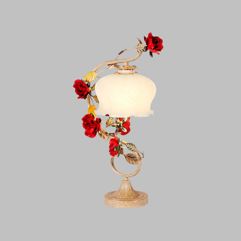 Coffee 1 Head Night Light Romantic Pastoral Metal Scalloped Table Lamp with Rose Decor for Bedroom Clearhalo 'Lamps' 'Table Lamps' Lighting' 519795