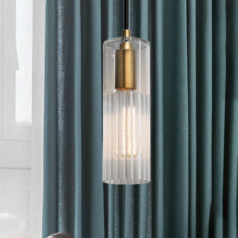 Simple Tube Pendant Lighting White Prismatic Glass 1 Head Bedroom Hanging Ceiling Lamp in Brass Clearhalo 'Ceiling Lights' 'Glass shade' 'Glass' 'Modern Pendants' 'Modern' 'Pendant Lights' 'Pendants' Lighting' 519897