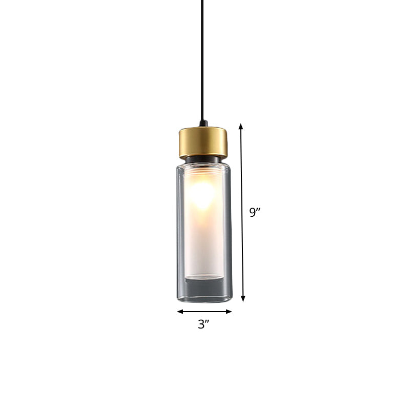 Minimalist 1 Light Hanging Lamp with Clear and Inner White Glass Shade Brass Cylindrical Pendant Clearhalo 'Ceiling Lights' 'Glass shade' 'Glass' 'Modern Pendants' 'Modern' 'Pendant Lights' 'Pendants' Lighting' 519910