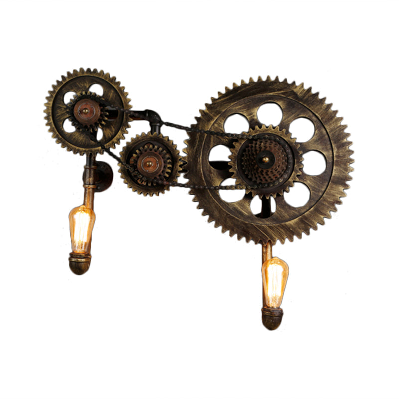 Industrial Gear Sconce Light Fixture 2 Lights Metal Wall Lamp in Antique Bronze Clearhalo 'Art deco wall lights' 'Cast Iron' 'Glass' 'Industrial wall lights' 'Industrial' 'Middle century wall lights' 'Modern' 'Rustic wall lights' 'Tiffany' 'Traditional wall lights' 'Wall Lamps & Sconces' 'Wall Lights' Lighting' 519996