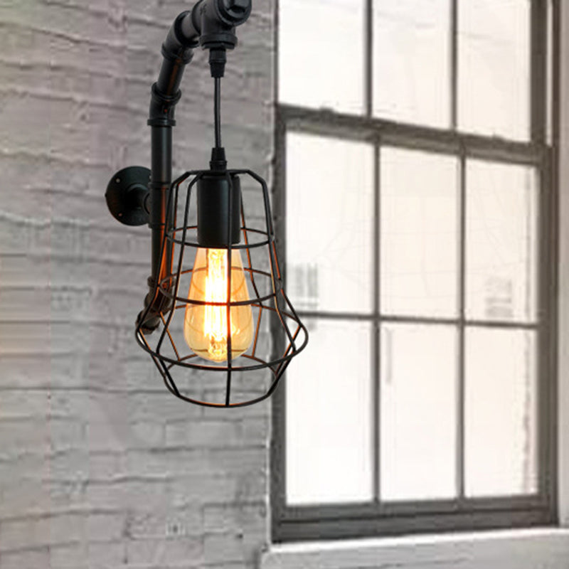 1 Light Cage Wall Lighting Fixture Industrial Black Metal Sconce Light for Bedroom Clearhalo 'Art deco wall lights' 'Cast Iron' 'Glass' 'Industrial wall lights' 'Industrial' 'Middle century wall lights' 'Modern' 'Rustic wall lights' 'Tiffany' 'Traditional wall lights' 'Wall Lamps & Sconces' 'Wall Lights' Lighting' 520006