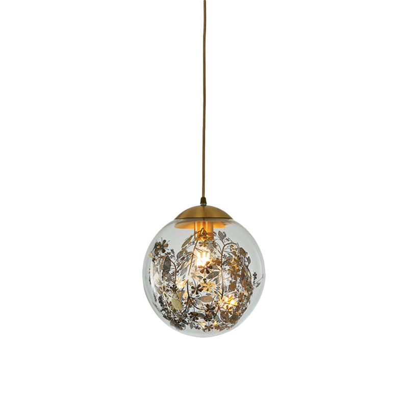 Yellow Ball Pendant Lamp Modern 1-Head Clear Glass Ceiling Light with Inner Shattered Leaves Decoration Clearhalo 'Ceiling Lights' 'Glass shade' 'Glass' 'Modern Pendants' 'Modern' 'Pendant Lights' 'Pendants' Lighting' 520017