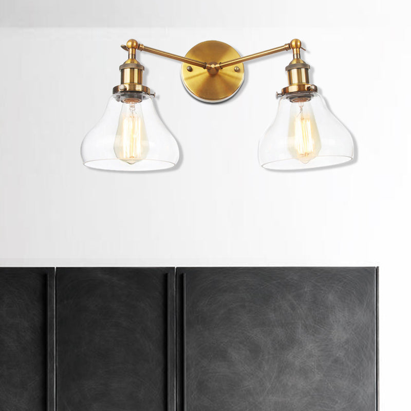 Clear Glass Black/Brass/Bronze Wall Lighting Pear Shaped 2 Lights Industrial Style Sconce Lamp Clearhalo 'Art deco wall lights' 'Cast Iron' 'Glass' 'Industrial wall lights' 'Industrial' 'Middle century wall lights' 'Modern' 'Rustic wall lights' 'Tiffany' 'Traditional wall lights' 'Wall Lamps & Sconces' 'Wall Lights' Lighting' 520080