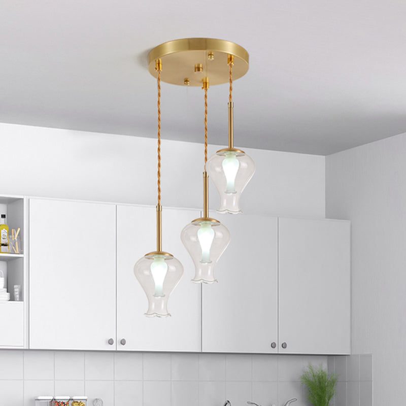 Clear Glass Vase Ceiling Light Modernism 3 Lights Multi Lamp Pendant in Brass over Dining Room Clearhalo 'Ceiling Lights' 'Chandeliers' 'Glass shade' 'Glass' 'Modern Pendants' 'Modern' 'Pendant Lights' 'Pendants' Lighting' 520107