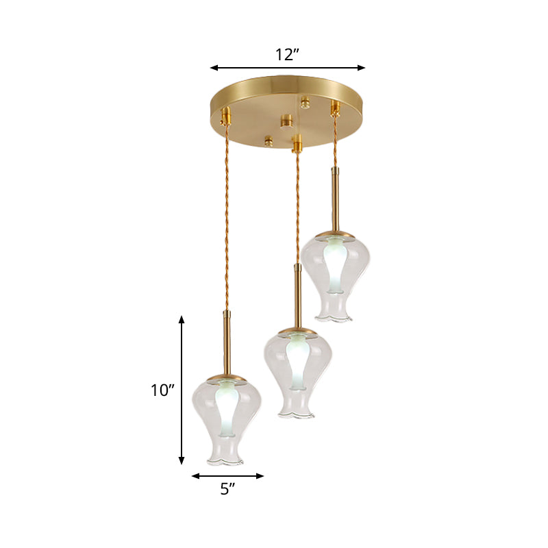 Clear Glass Vase Ceiling Light Modernism 3 Lights Multi Lamp Pendant in Brass over Dining Room Clearhalo 'Ceiling Lights' 'Chandeliers' 'Glass shade' 'Glass' 'Modern Pendants' 'Modern' 'Pendant Lights' 'Pendants' Lighting' 520110