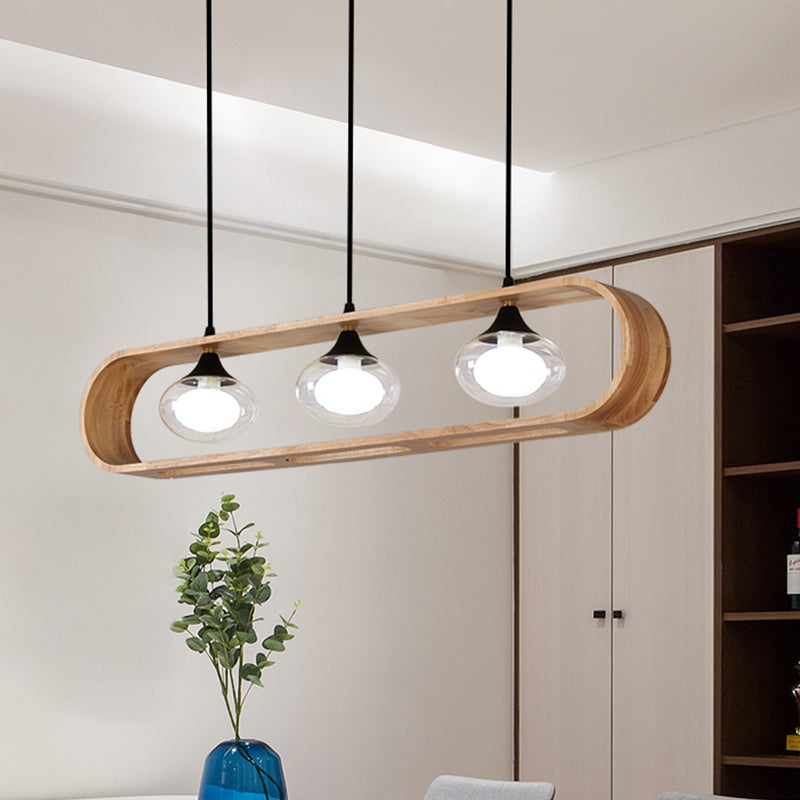 Beige Rectangle Hanging Lighting Modernism 3-Head Wood Cluster Pendant Lamp with Oval Clear Glass Shade Wood Clearhalo 'Ceiling Lights' 'Glass shade' 'Glass' 'Modern Pendants' 'Modern' 'Pendant Lights' 'Pendants' Lighting' 520116