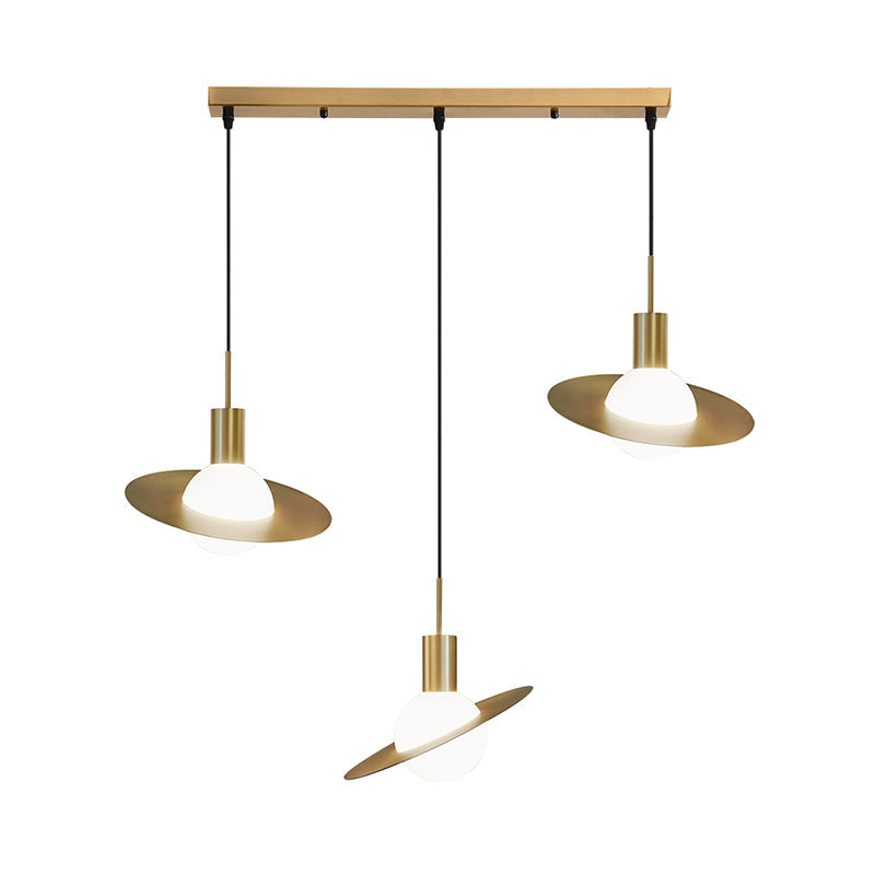 Global Milky Glass Cluster Pendant Light Modernist 3 Heads Brass Hanging Lamp with Panel Ring Detail Clearhalo 'Ceiling Lights' 'Glass shade' 'Glass' 'Modern Pendants' 'Modern' 'Pendant Lights' 'Pendants' Lighting' 520157