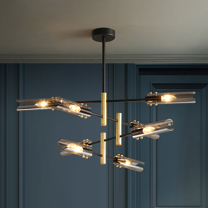 Tubular Chandelier Light Fixture Modern Smoke Gray Glass 8-Head Black and Brass Ceiling Pendant Lamp Clearhalo 'Ceiling Lights' 'Chandeliers' 'Glass shade' 'Glass' 'Modern Chandeliers' 'Modern' 'Pendant Lights' Lighting' 520519